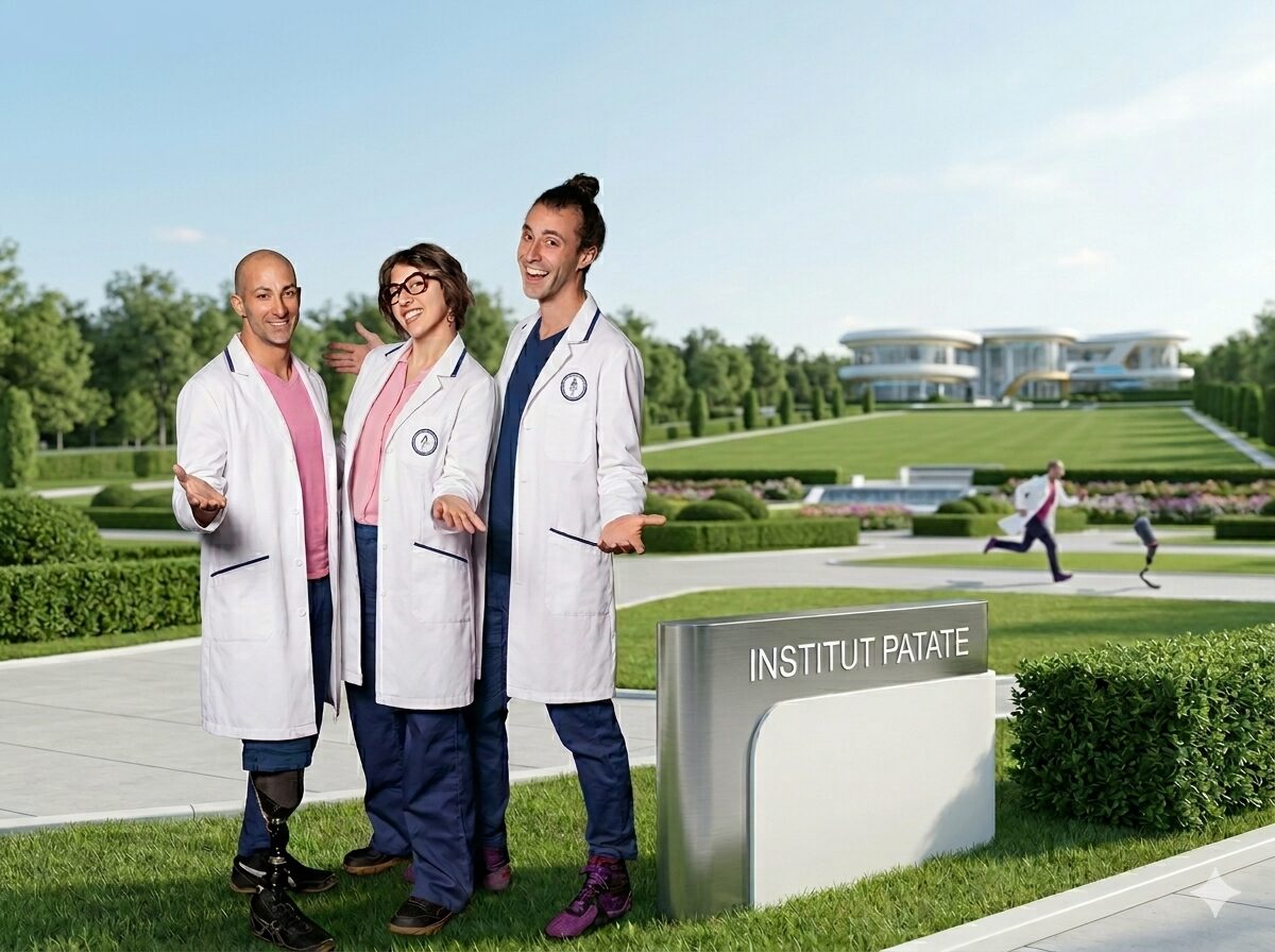 Trois praticiens en blouse blanche accueillent le public devant l'enseigne de l'Institut Patate, dans le parc de la clinique ; l'un d'eux porte une prothèse de jambe.